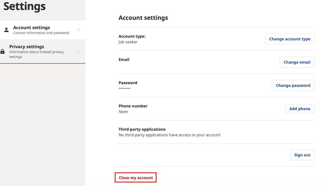 haga clic en cerrar mi cuenta. Cómo eliminar una cuenta de Indeed de forma permanente