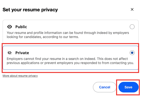 プライベート オプションを選択し、[保存] をクリックします。 Indeed アカウントを完全に削除する方法