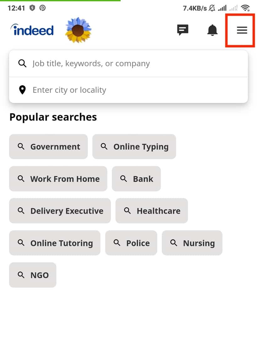 ハンバーガーのアイコンをタップします。 Indeed アカウントを完全に削除する方法