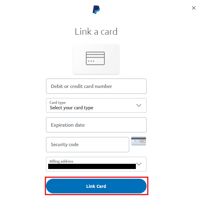 Faceți clic pe Link Card. Remediați cererea în imposibilitatea de a procesa PayPal