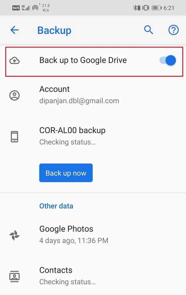 L'interruttore accanto a Backup su Google Drive è attivato