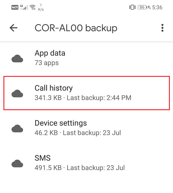 Toque em Histórico de chamadas para ver seu histórico completo de chamadas de backup