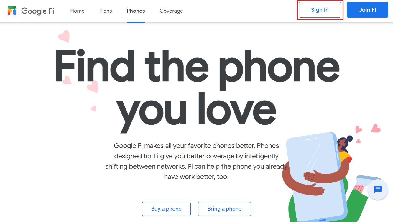 Google Fi ウェブページにアクセスし、アカウントにサインインします