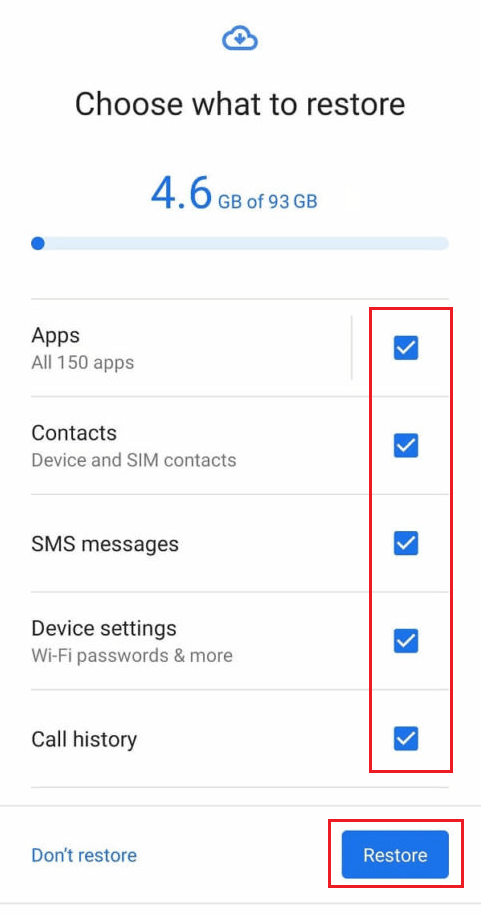 Pilih apa yang akan dipulihkan dengan mengetuk kotak centang yang diinginkan. Kemudian, ketuk Pulihkan | Cara Melihat Riwayat Panggilan Telepon di Google