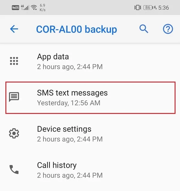 Assurez-vous que "messages texte SMS" est présent dans la liste