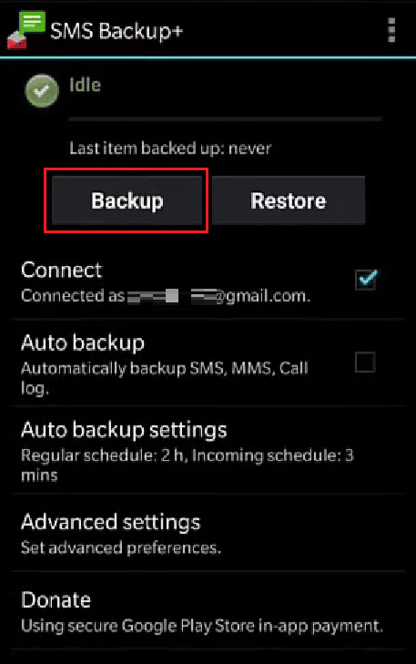 Toque em Backup para fazer backup de seu histórico de chamadas ou logs