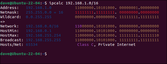 La sortie de demander à ipcalc d'appliquer un nouveau masque de sous-réseau à une adresse IP