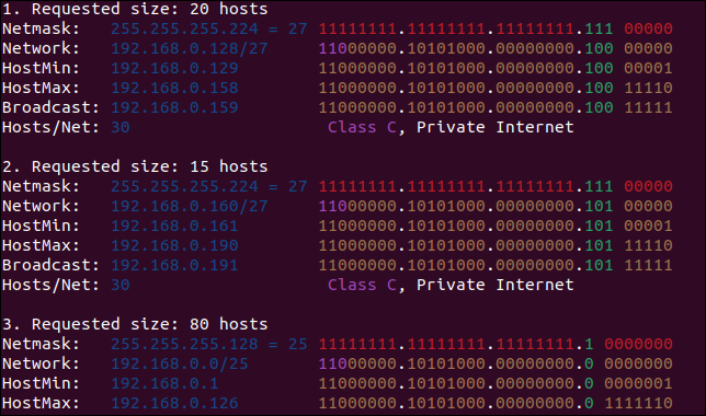 Empfehlungen von ipcalc zum Aufteilen eines Netzwerks in drei Subnetze