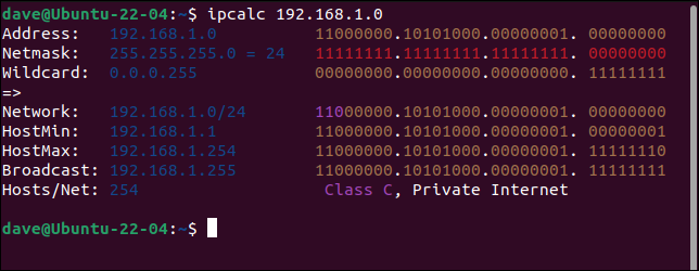 Die Ausgabe von ipcalc, die eine IP-Adresse untersucht