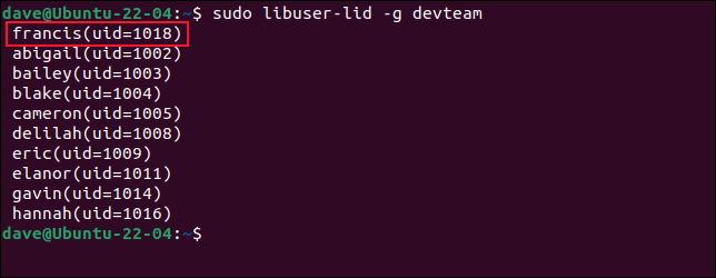 使用 libuser-lid 列出 devteam 組的成員
