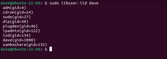 libuser-lid を使用して、ユーザー dave がメンバーであるグループを表示する