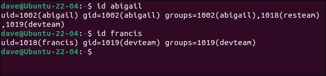 Utilisation de la commande id sur les utilisateurs abigail et francis