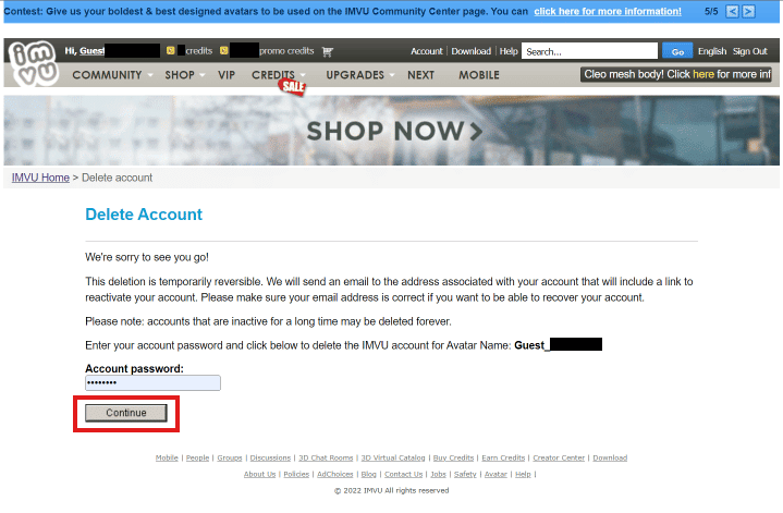 IMVU elimina account inserisci-password-account-click-on-continua