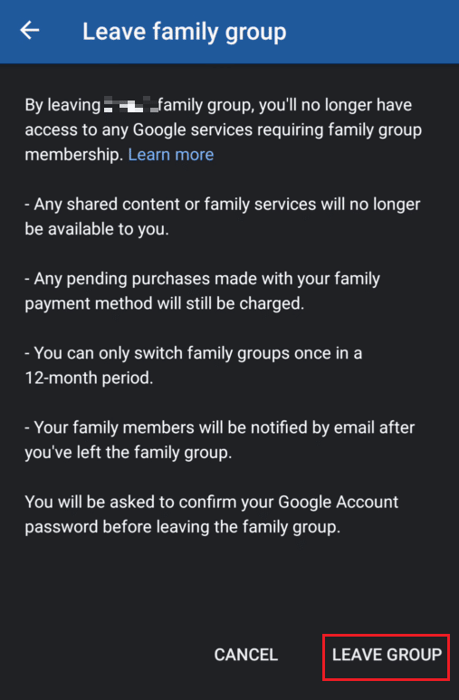 LEAVE GROUP をタップしてグループから退出します | YouTube プレミアム ファミリー