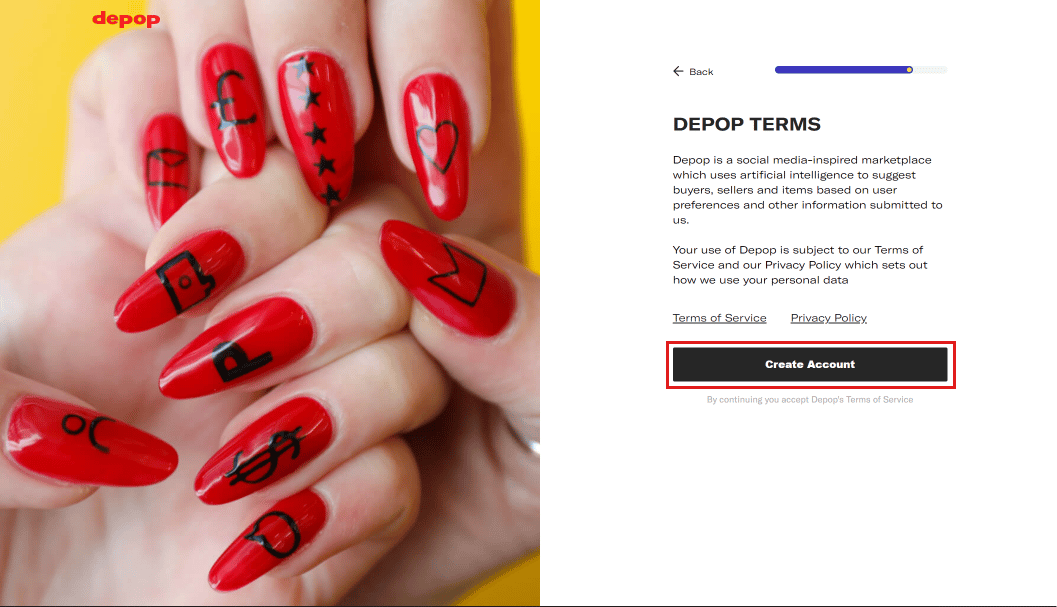 Haga clic en Crear cuenta para completar el proceso de creación de cuenta | Cómo eliminar la lista de Depop