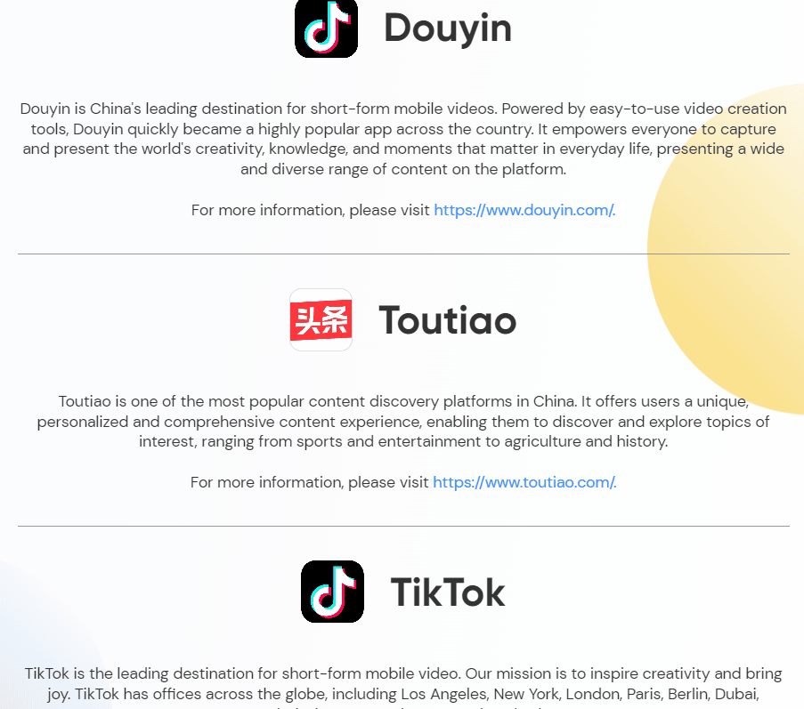 Pagina de produse ByteDance | 2 conturi TikTok pe același dispozitiv