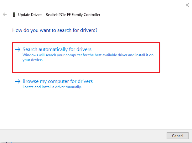 klik Cari secara otomatis untuk driver. Perbaiki Driver IRQL Not Less or Equal Rtwlane Sys Error