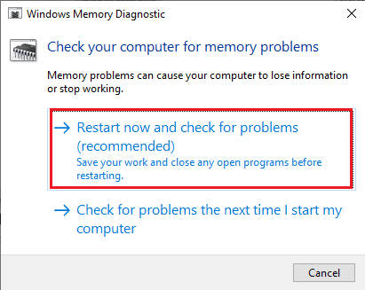 ในหน้าต่าง Memory Diagnostic Tool ให้คลิกที่ Restart now และตรวจสอบตัวเลือกปัญหาที่แนะนำ