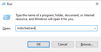 実行プロンプトで mdsched exe と入力し、[OK] をクリックします。