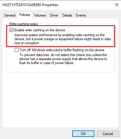 Marque a caixa antes de Ativar cache de gravação neste dispositivo. Corrigir Driver IRQL Not Less or Equal Rtwlane Sys Error