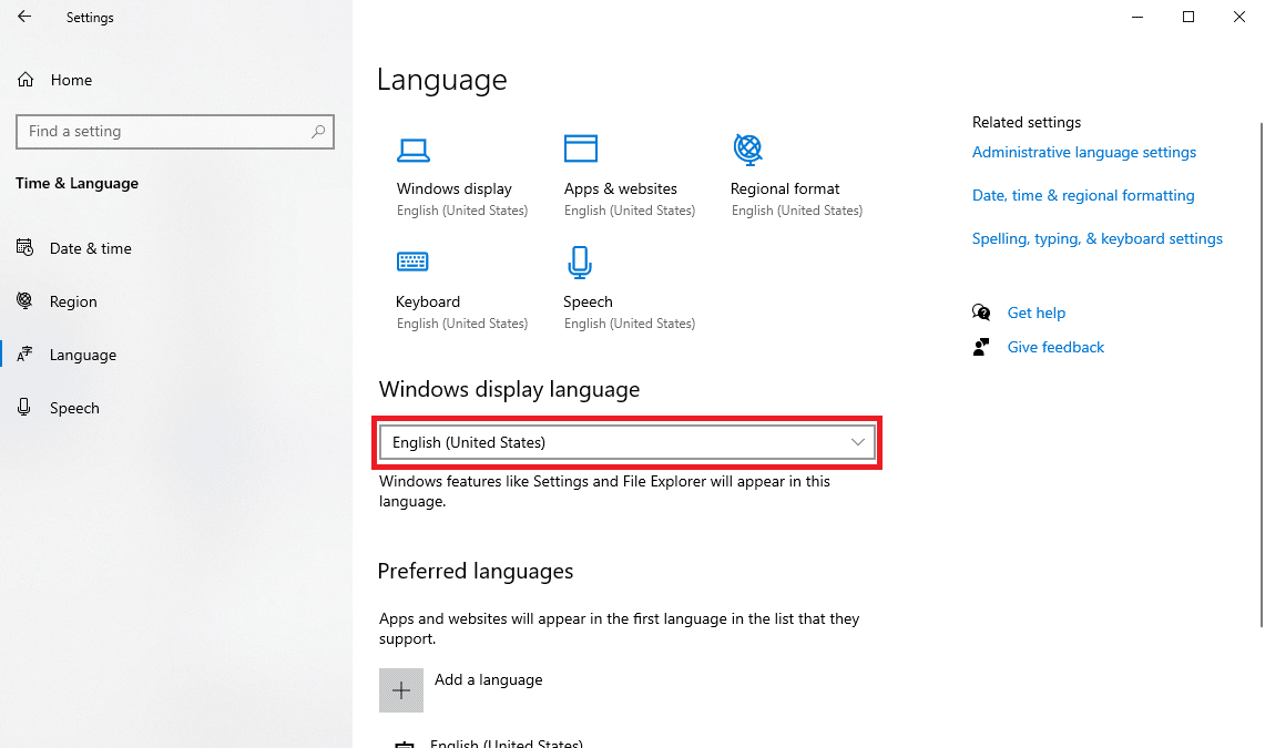 في لغة عرض Windows ، حدد لغتك المفضلة