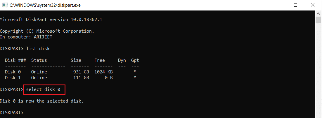 diskpart コマンド プロンプトで disk 0 コマンドを選択します。