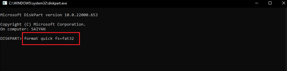 formatieren Sie den schnellen Befehl fs fat32. Beheben Sie das Problem mit dem Startgerät in Windows 10