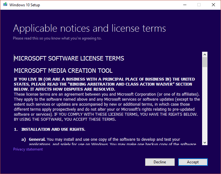 aceptar el contrato de licencia. Solucione el problema del dispositivo de arranque en Windows 10