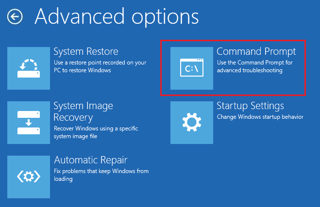 în setările avansate, faceți clic pe opțiunea Command Prompt. Remediați problema dispozitivului de pornire în Windows 10