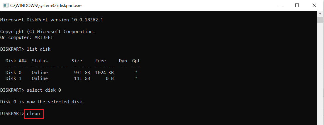 คำสั่ง clean ใน command prompt หรือหน้าต่าง cmd แก้ไขปัญหาอุปกรณ์บู๊ตใน Windows 10