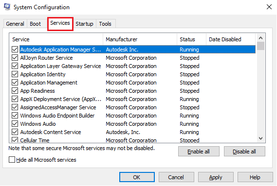 انتقل إلى علامة التبويب الخدمات وقم بإلغاء تحديد Alps SMBus Monitor Service. إصلاح خطأ Alps SetMouseMonitor في نظام التشغيل Windows 10