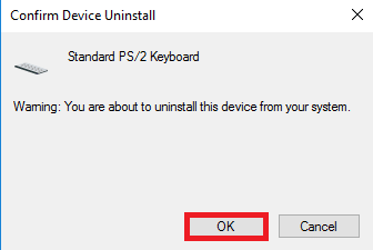 confirme la desinstalación del dispositivo. Solucionar el error Alps SetMouseMonitor en Windows 10