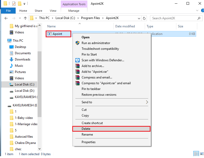 Haga clic derecho en el archivo Apoint.exe y haga clic en la opción Eliminar