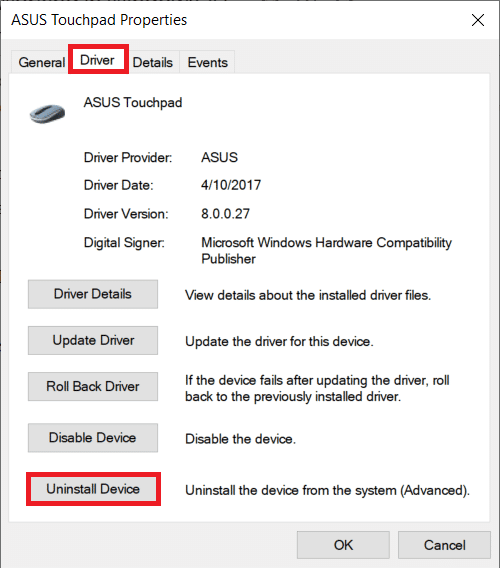 cliquez sur Désinstaller l'appareil. Correction de l'erreur Alps SetMouseMonitor dans Windows 10