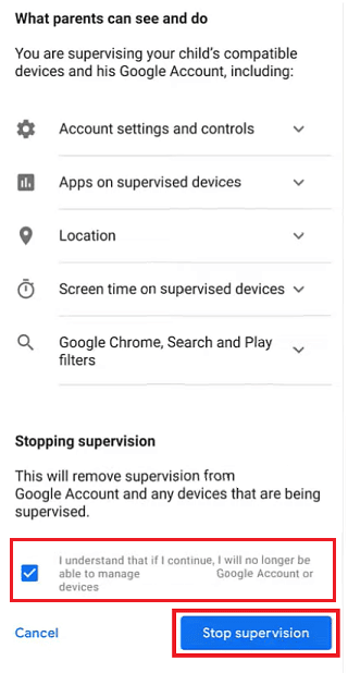 Scorri verso il basso e seleziona la casella di controllo. Tocca il pulsante Interrompi supervisione | Come rimuovere il collegamento familiare senza il permesso dei genitori
