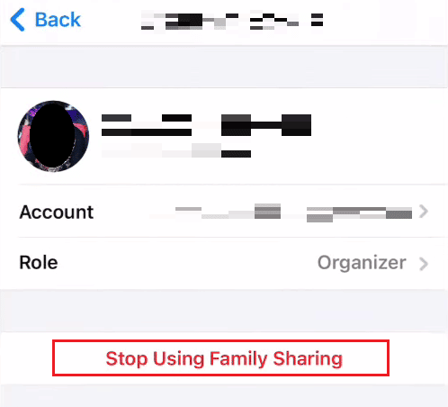 Collegamento alla famiglia iOS Tap-on-Stop-Using-Family-Sharing