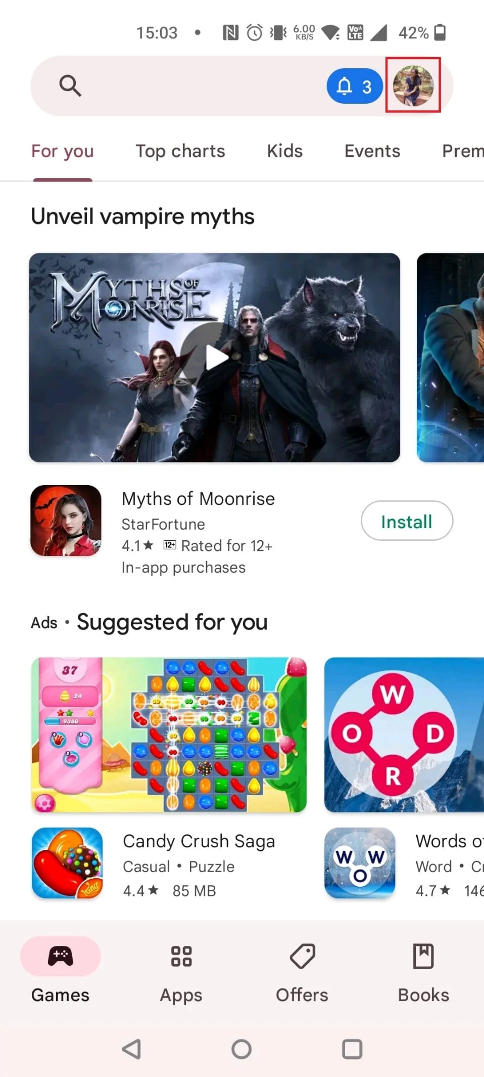 Play Store uygulamasını açtıktan sonra profilinize dokunun | Ebeveyn izni olmadan aile bağlantısı nasıl kaldırılır