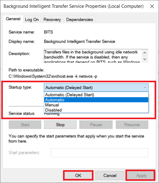 Définir le type de démarrage sur Automatique