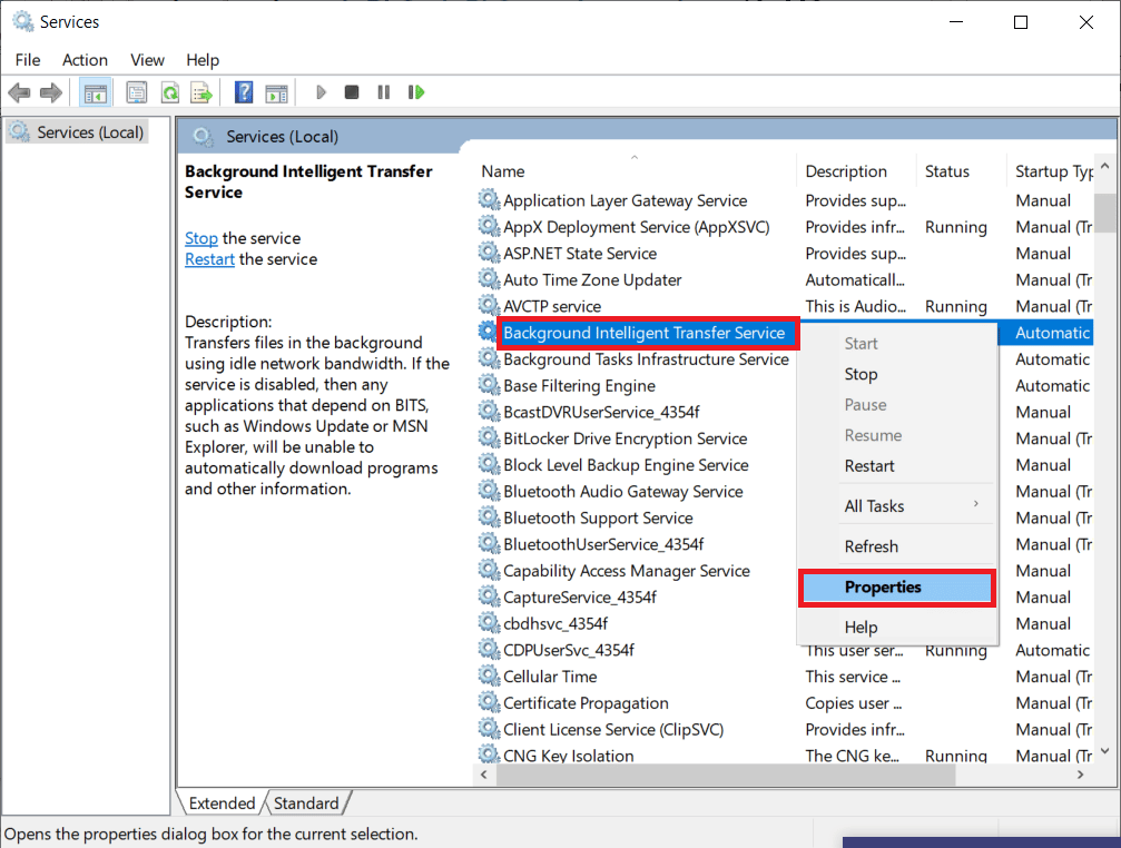 Background Intelligent Transfer Service를 마우스 오른쪽 버튼으로 클릭하고 속성을 선택하십시오.