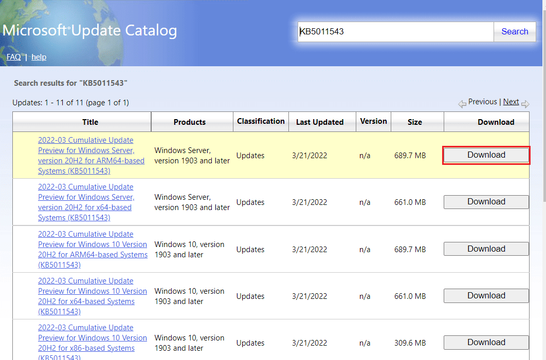 fare clic sull'opzione di download per un particolare aggiornamento nella pagina del catalogo di Microsoft Update