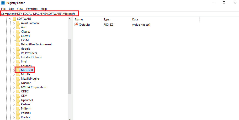 ไปที่ HKEY_LOCAL-MACHINE, SOFTWARE แล้วเลือก Microsoft