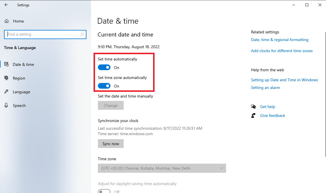 ative as alternâncias para Definir hora automaticamente e Definir fuso horário automaticamente