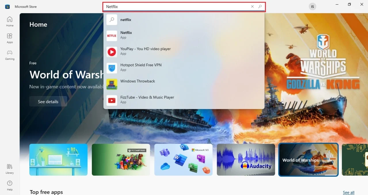 Введите Netflix в строке поиска