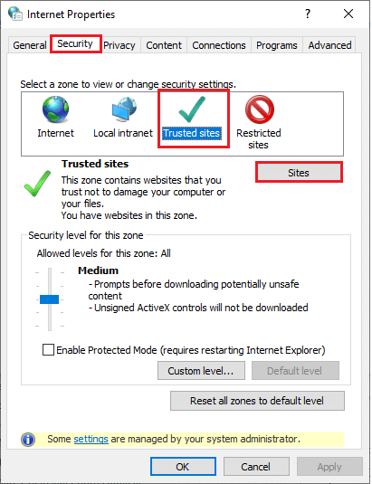 cambie a la pestaña Seguridad y haga clic en el símbolo de Sitios de confianza seguido de Sitios. Solucione el error de zoom 1132 en Windows 10