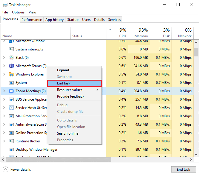 sélectionnez l'option Fin de tâche. Correction de l'erreur de zoom 1132 dans Windows 10