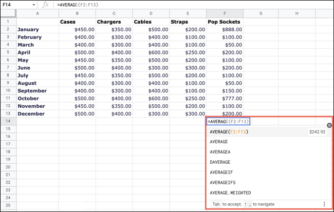 Suggestions de formules dans Google Sheets