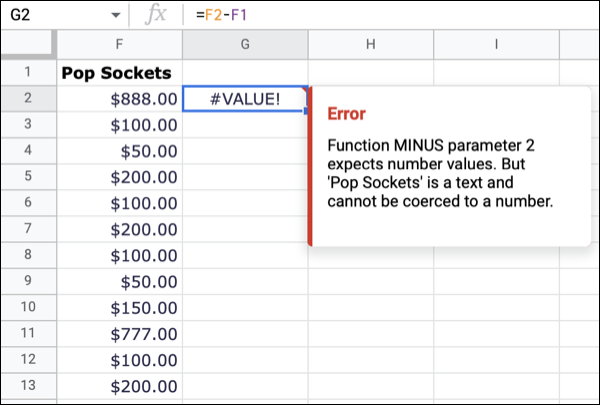 ข้อผิดพลาด VALUE ใน Google ชีต