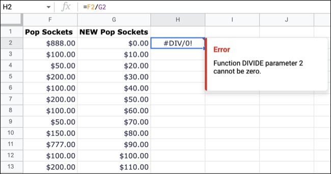 Kesalahan DIV di Google Spreadsheet