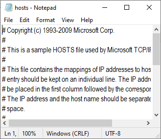 hosts ファイルがメモ帳で開かれます。ログインセッションで予期しないエラーが発生したリーグオブレジェンドを修正