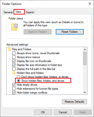 สลับไปที่แท็บมุมมองและคลิกที่ตัวเลือกแสดงโฟลเดอร์ไฟล์ที่ซ่อนอยู่และไดรฟ์ภายใต้ชื่อไฟล์และโฟลเดอร์ที่ซ่อน